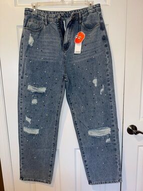 Cider Distressed Boyfriend Jeans with Pearl Embellishments
